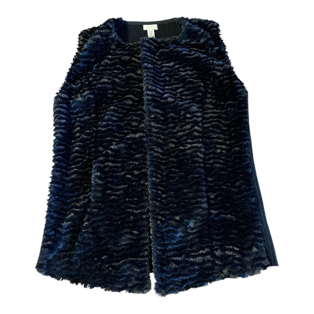 Chico's Womens Faux Fur Black Open Front Lined Vest Ribbed Back Pockets Size 1 - Picture 6 of 8